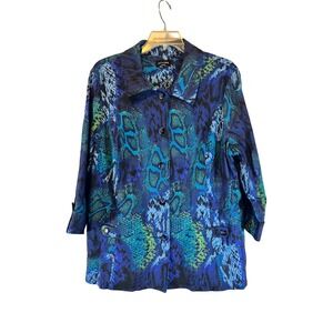 ATTYRE Woman Snake Print Button Down 3/4 Sleeve Jacket Blazer Blue‎ Size XL